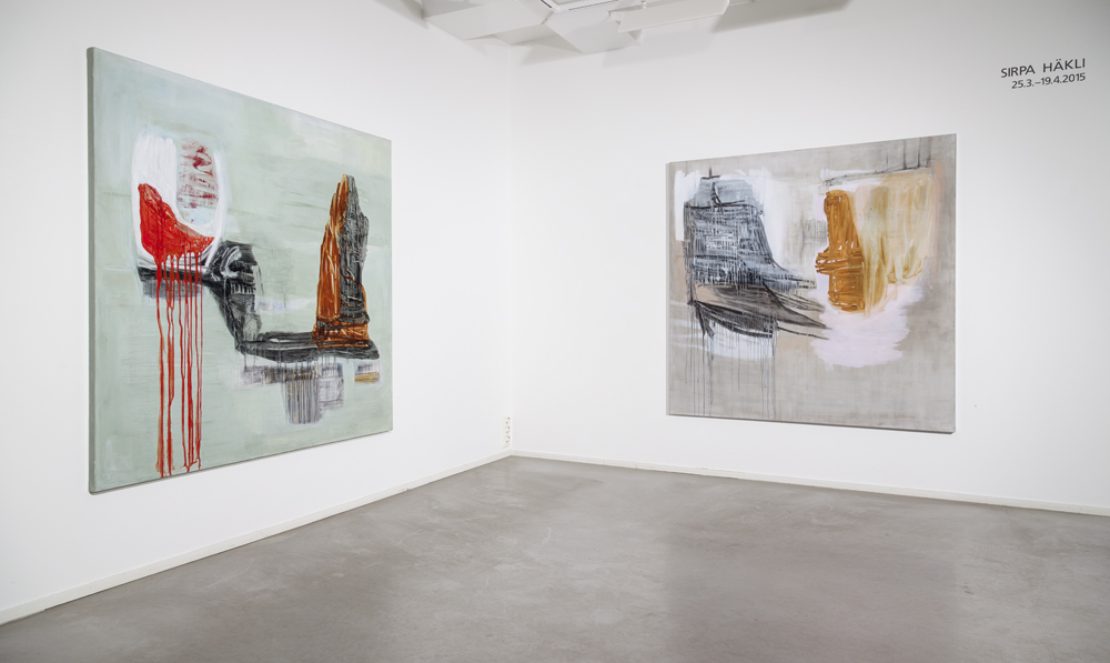 Hkli Sirpa, Gallery G, 2015; Concessions II and I, Acrylic colour and colour pigment on canvas,  170x170 cm, 2014 Photo: Jouko Vatanen